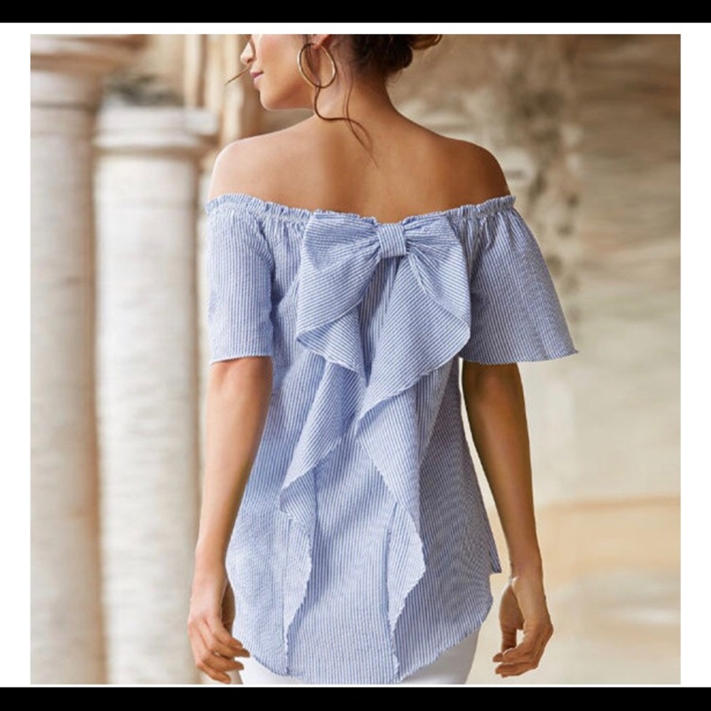 ‼️LAST ONE‼️ Black Stripe Off the Shoulder Bow Top